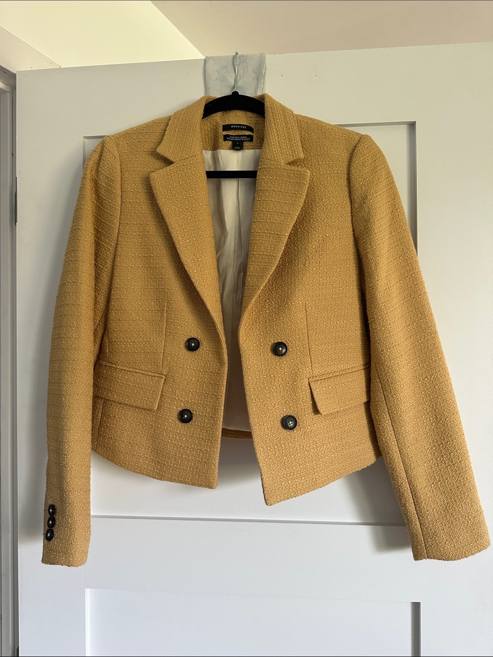 RW&CO cropped mustard yellow stretch lining bouclé blazer size 8
